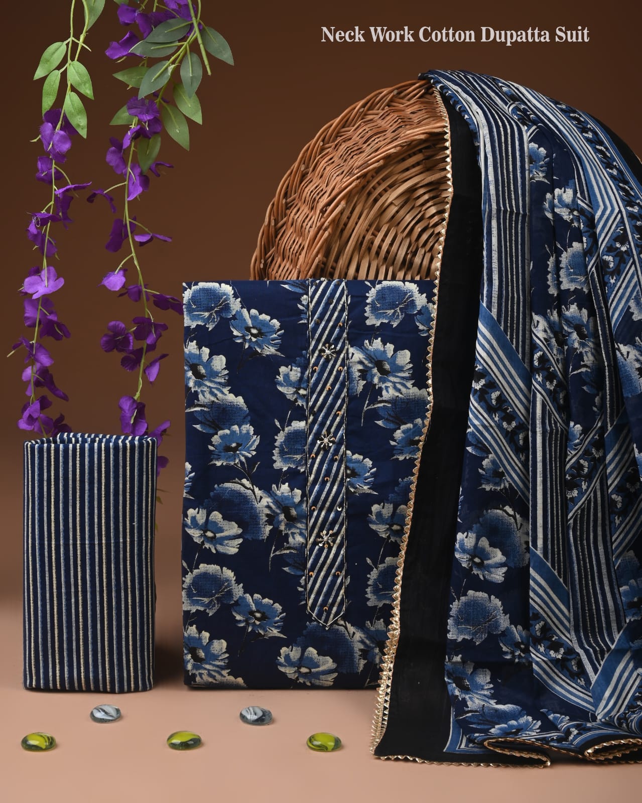 Blue Floral Cotton Dupatta Suit Set for Women | Stylish Neck Work Design (MVCOT115)