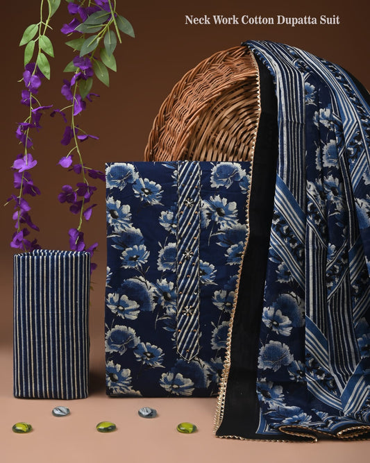 Blue Floral Cotton Dupatta Suit Set for Women | Stylish Neck Work Design (MVCOT115)