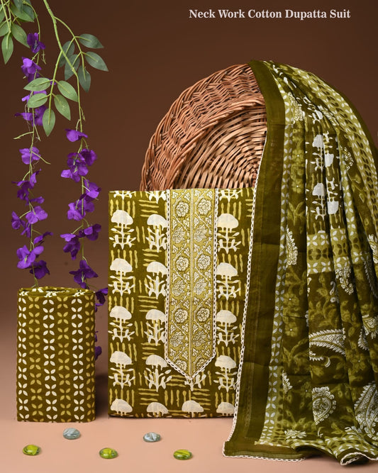 Olive Green Cotton Dupatta Suit Set for Women | Traditional Printed Design (MVCOT117)
