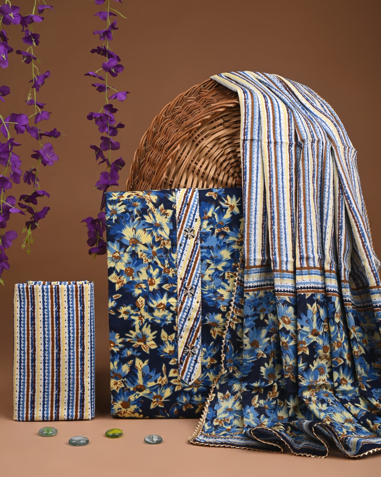 Blue Printed Cotton Dupatta Suit Set for Women | Stripe & Floral Design (MVCOT120)