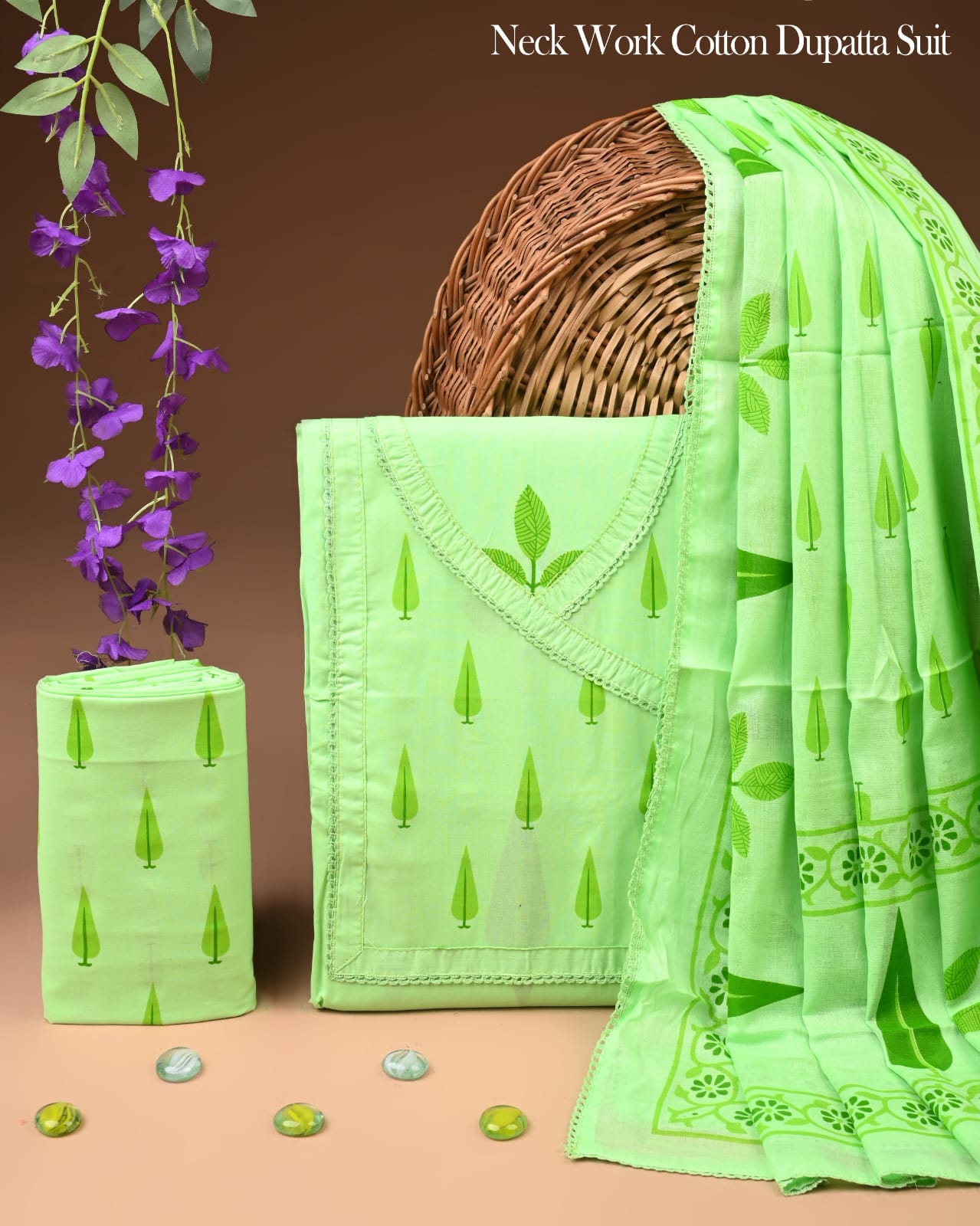Light Green Cotton Dupatta Suit Set for Women | Soft Printed Design (MVCOT123)