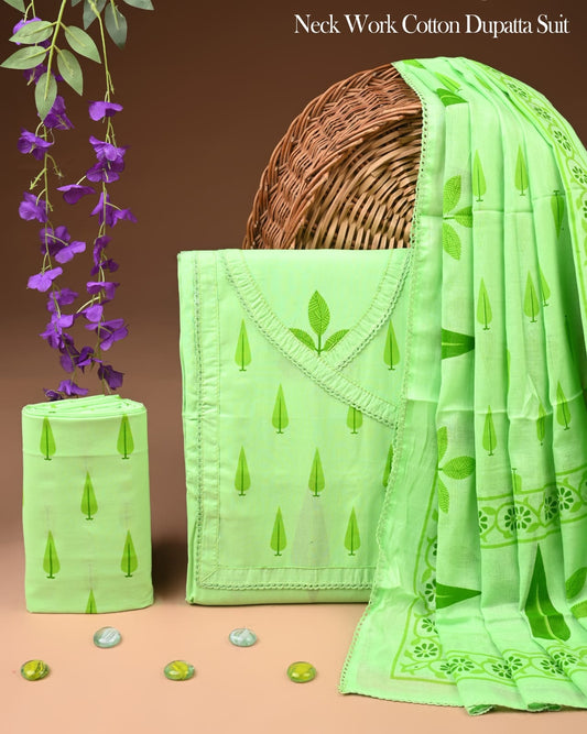 Light Green Cotton Dupatta Suit Set for Women | Soft Printed Design (MVCOT123)