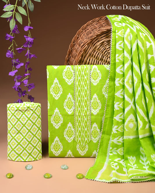 Lime Green Cotton Dupatta Suit Set for Women | Stylish Printed Neck Work Design(MVCOT125)