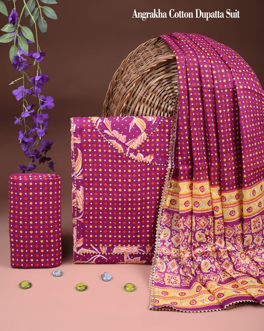 Purple Cotton Angrakha Dupatta Suit Set for Women | Printed Design(MVCOT92)