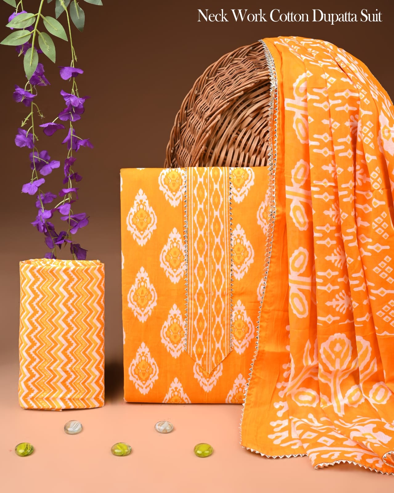 Orange Cotton Dupatta Suit Set for Women | Bright Printed Summer Wear(MVCOT128)
