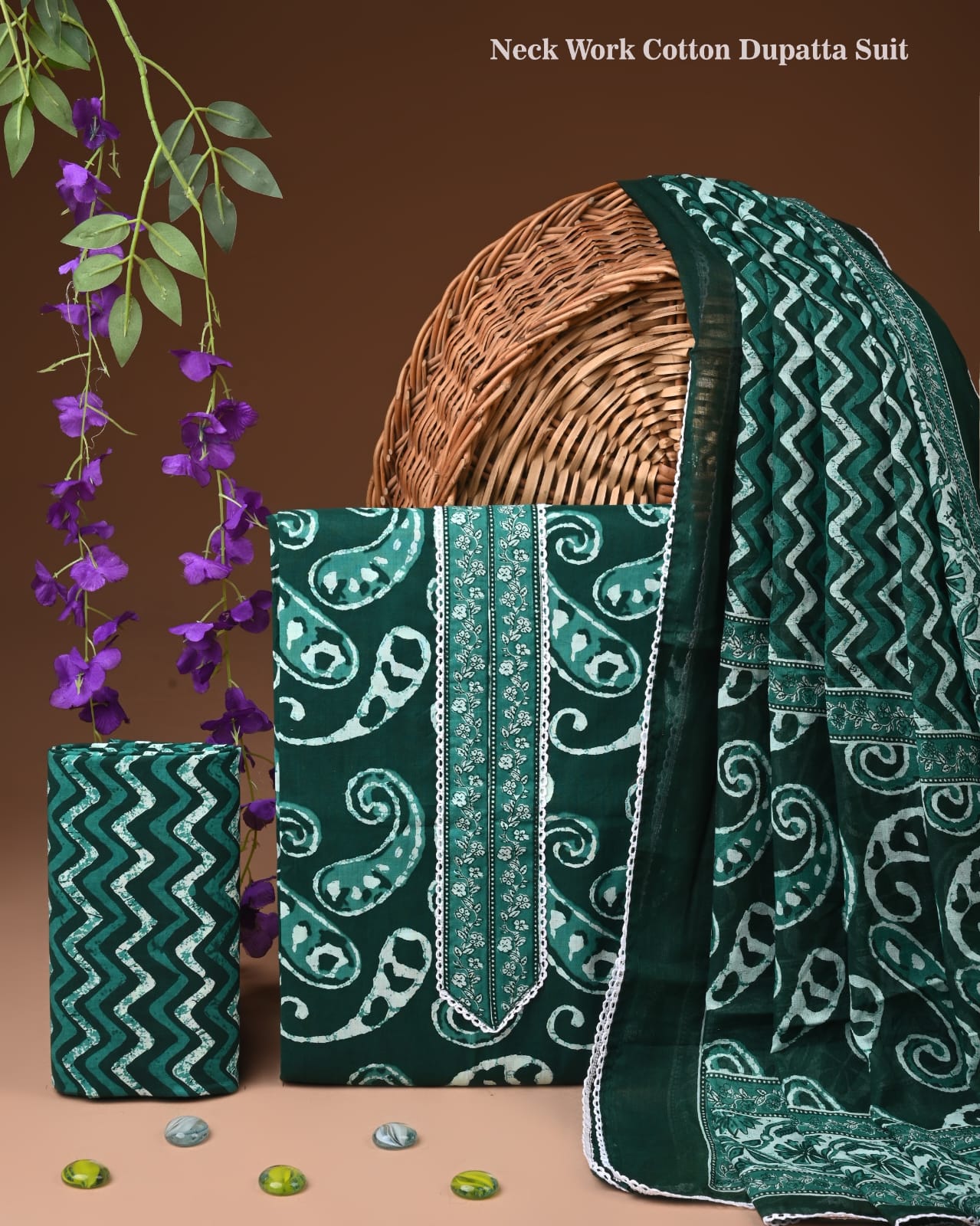 Dark Green Cotton Dupatta Suit Set for Women | Traditional Printed Design (MVCOT130)
