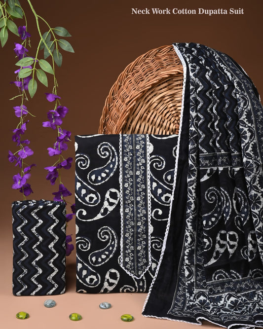 Black White Cotton Dupatta Suit Set for Women | Ethnic Printed Neck Work Design (MVCOT135)