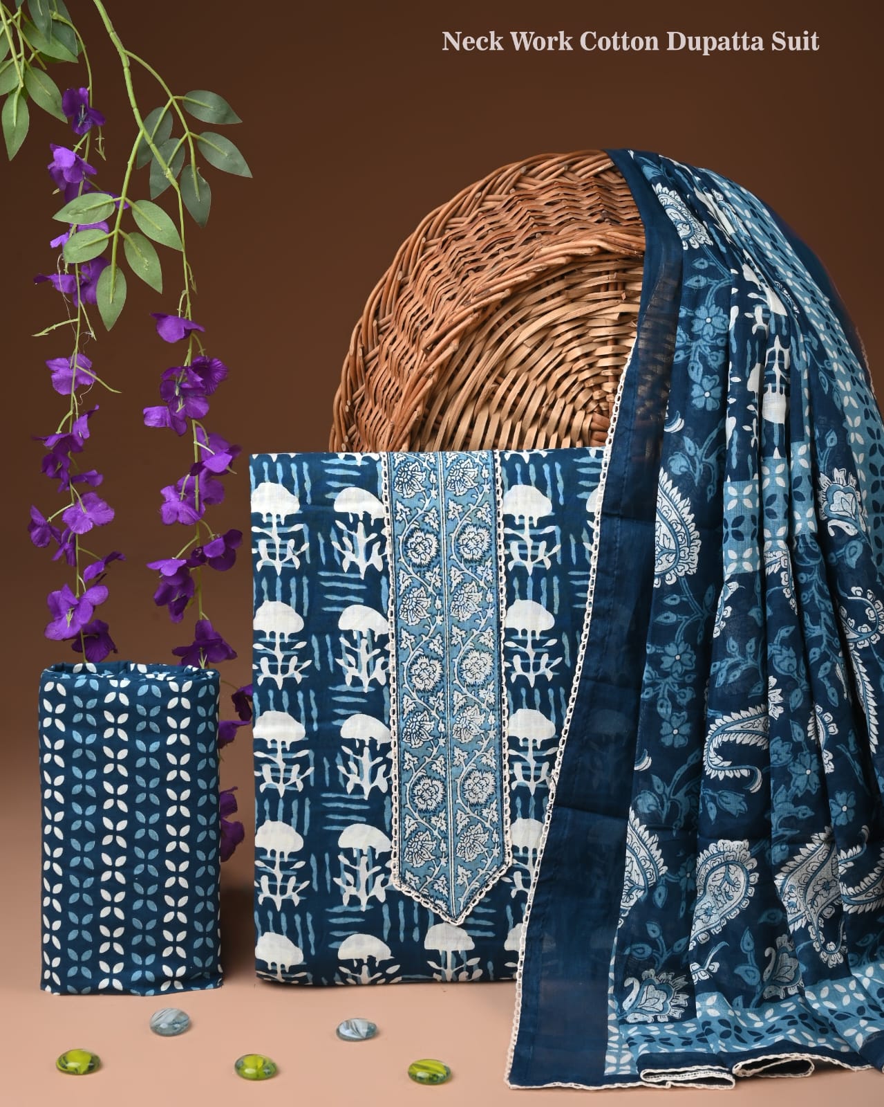Teal Blue Cotton Dupatta Suit Set for Women | Neck Work Printed Design (MVCOT138)