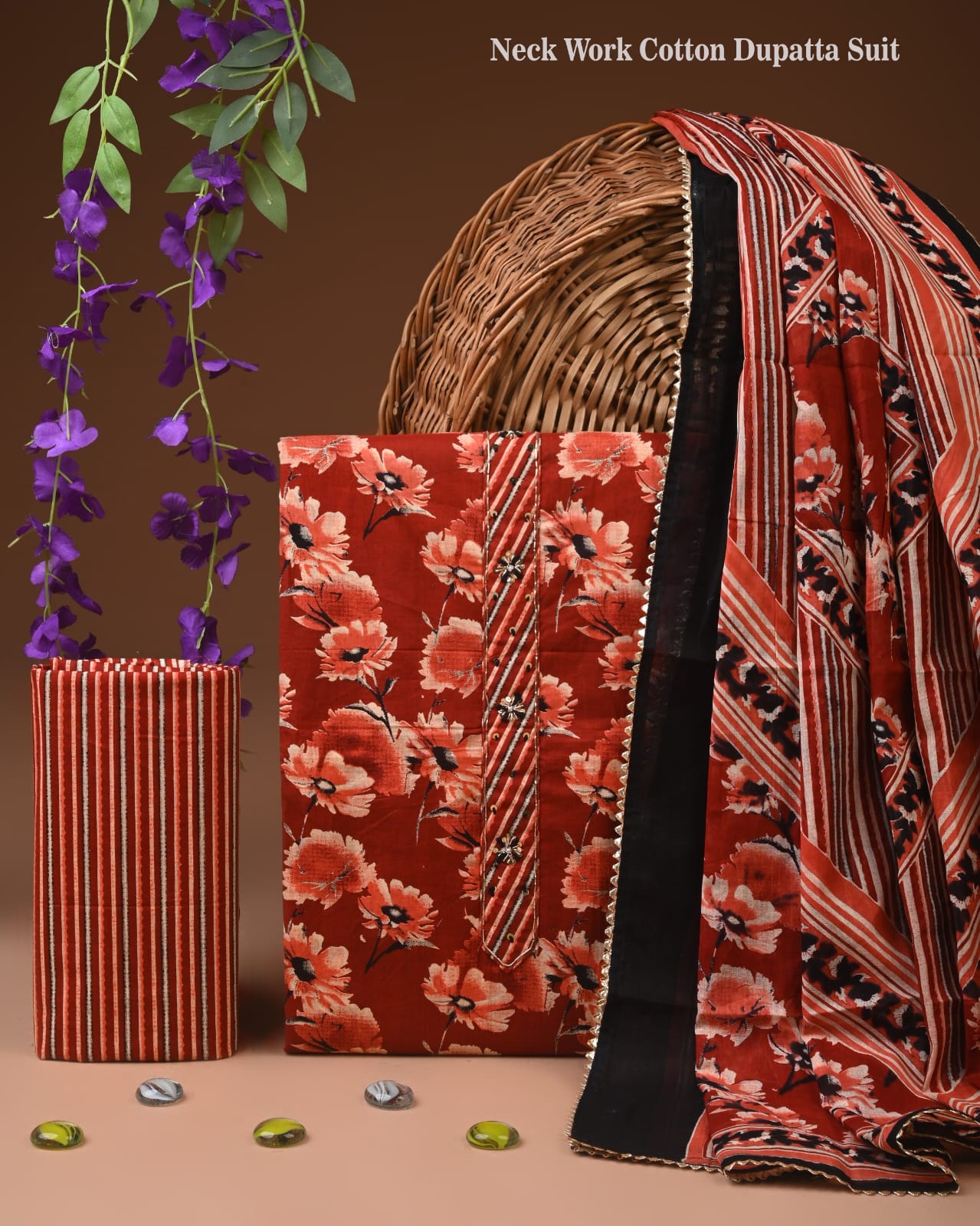 Red Floral Cotton Dupatta Suit Set for Women | Neck Work Printed Design (MVCOT142)