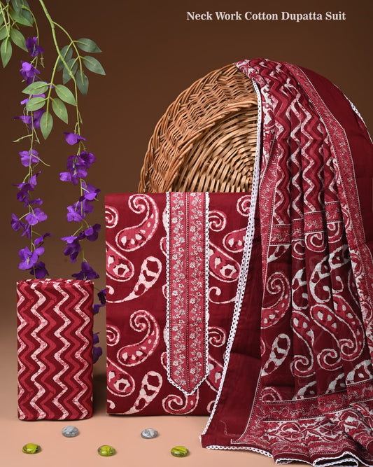 Maroon Cotton Dupatta Suit Set for Women | Neck Work Printed Design (MVCOT146)