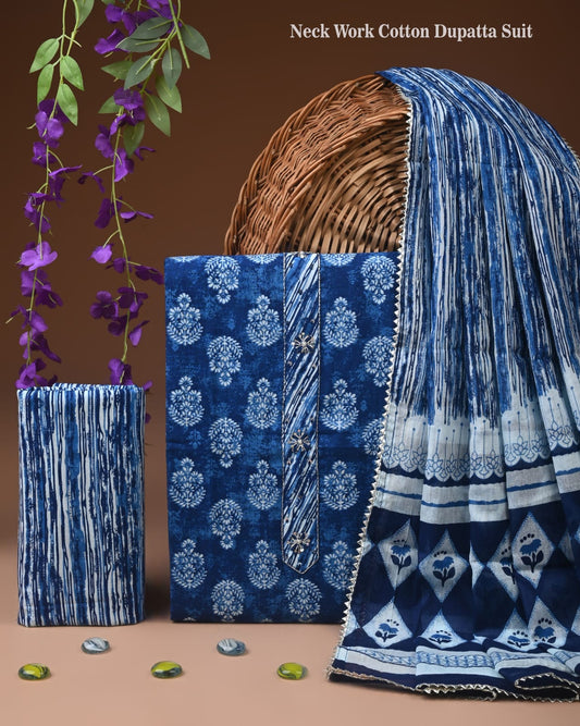 Indigo Blue Cotton Dupatta Suit Set for Women | Ethnic Printed Design (MVCOT147)