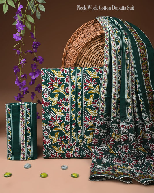 Green Floral Neck Work Cotton Dupatta Suit Set for Women | Printed Design (MVCOT148)