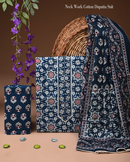 Blue Ajrakh Print Cotton Dupatta Suit Set for Women | Traditional Design (MVCOT149)