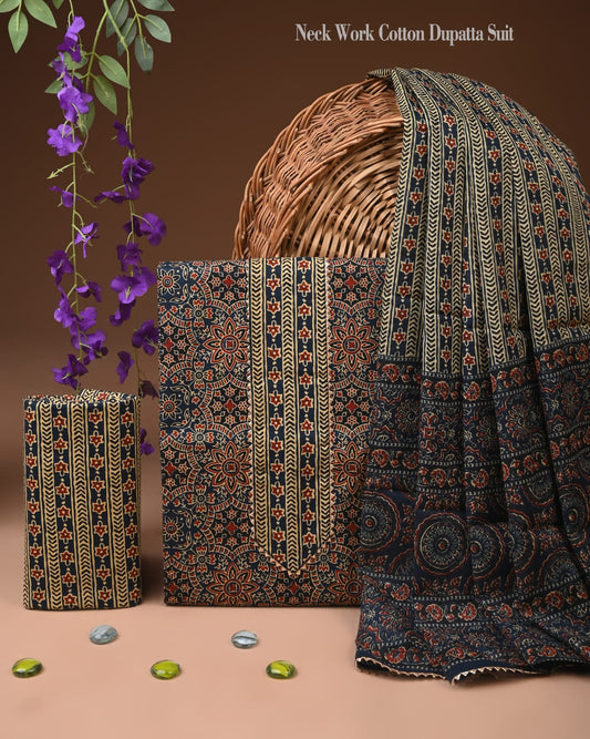 Black Ajrakh Printed Cotton Dupatta Suit Set for Women | Ethnic Wear (MVCOT150)