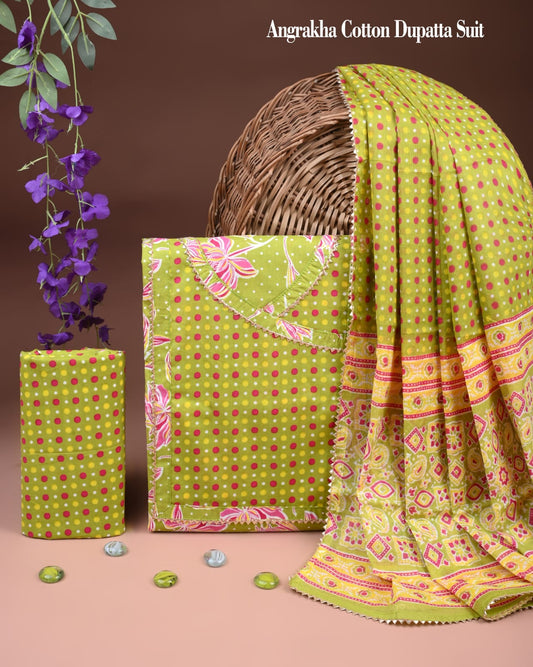 Lime Angrakha Cotton Dupatta Suit Set for Women | Printed Design (MVCOT151)