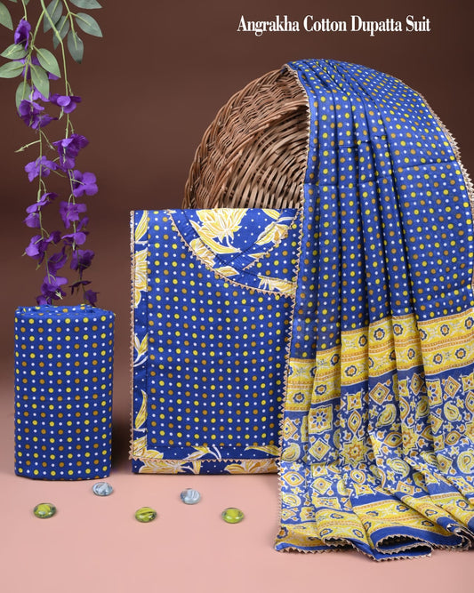 Blue Angrakha Cotton Dupatta Suit Set for Women | Printed Summer Wear (MVCOT152)
