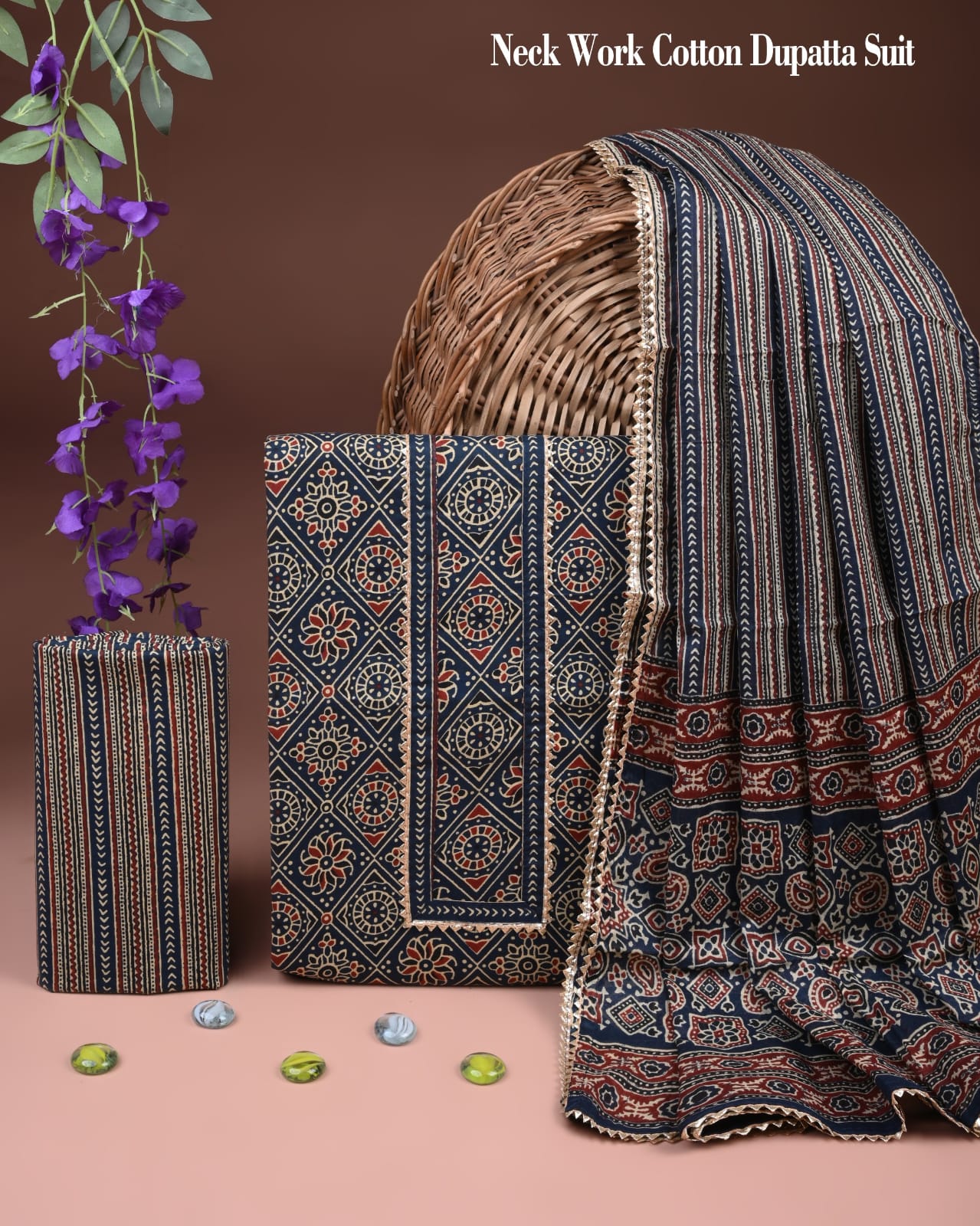 Navy Blue Geometric Print Cotton Dupatta Suit Set for Women | Ethnic Wear (MVCOT154)