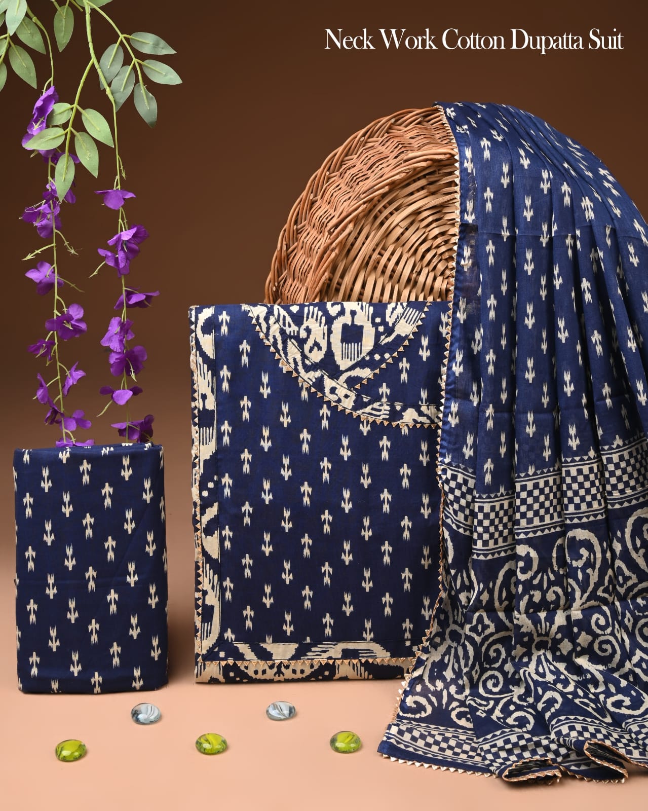 Indigo Handblock Print Cotton Dupatta Suit Set for Women | Ethnic Design (MVCOT156)
