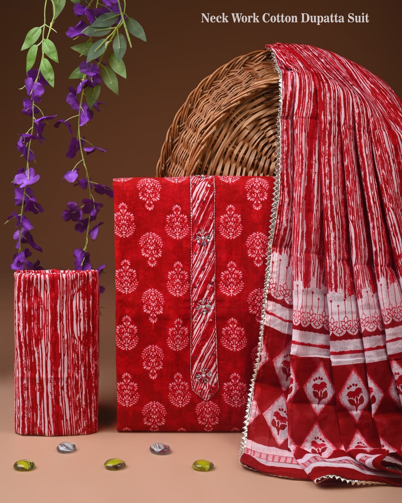 Red Neck Work Cotton Dupatta Suit Set for Women | Printed Ethnic Wear (MVCOT157)