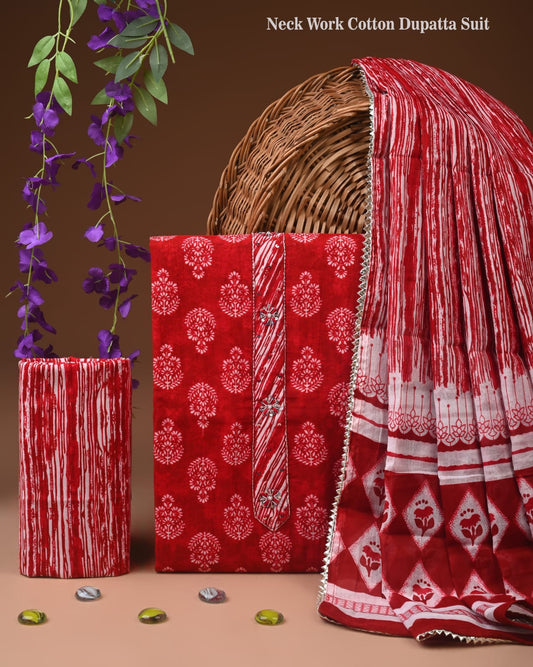 Red Neck Work Cotton Dupatta Suit Set for Women | Printed Ethnic Wear (MVCOT157)
