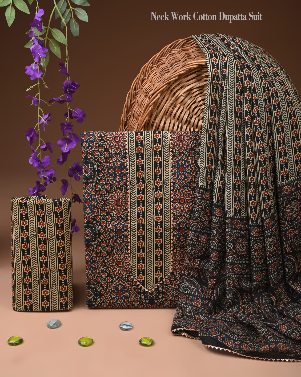 Black Ajrakh Floral Cotton Dupatta Suit Set for Women | Ethnic Neck Work(MVCOT159)