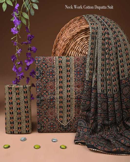 Black Ajrakh Floral Cotton Dupatta Suit Set for Women | Ethnic Neck Work(MVCOT159)