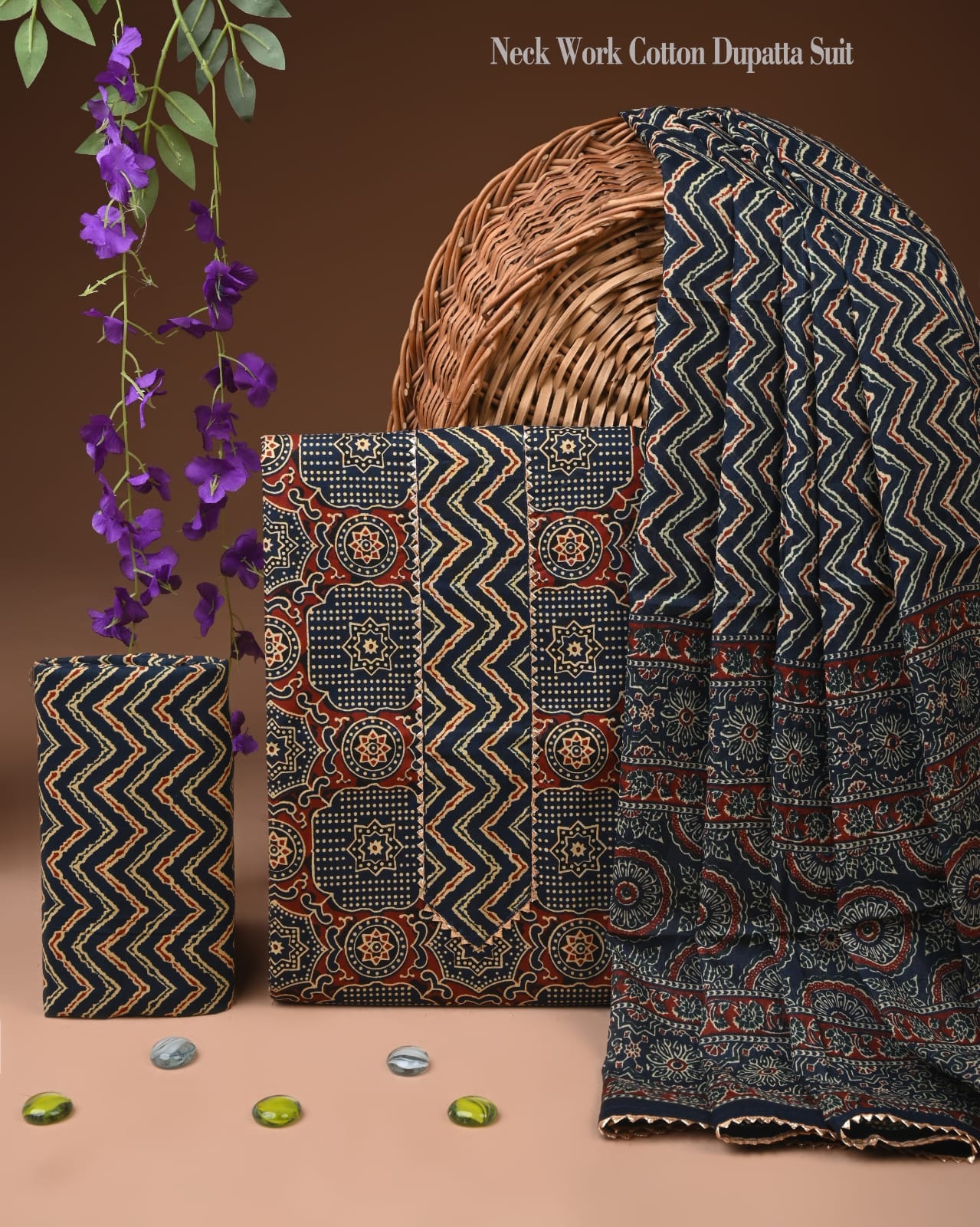 Navy Zigzag Printed Cotton Dupatta Suit Set for Women | Ajrakh Style Design (MVCOT160)