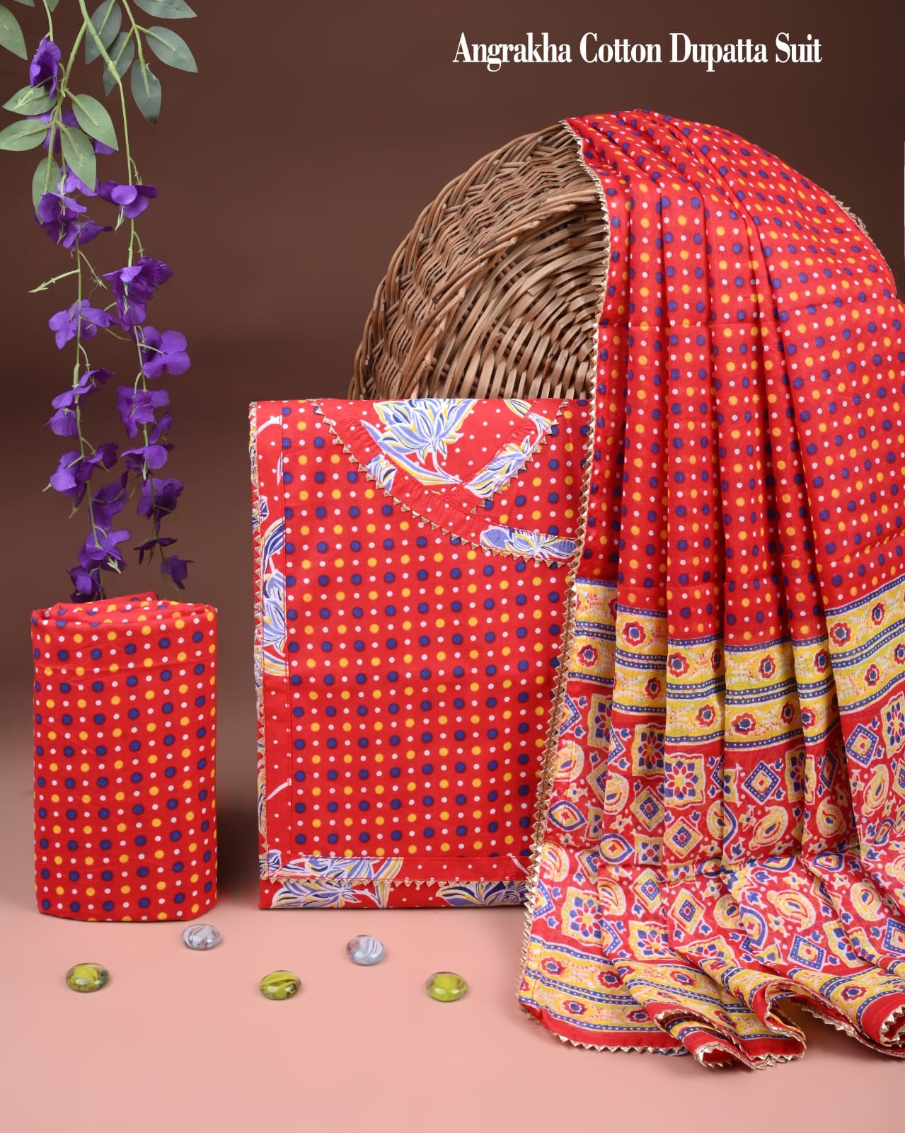 Red Cotton Angrakha Dupatta Suit Set for Women | Printed Design (MVCOT97)