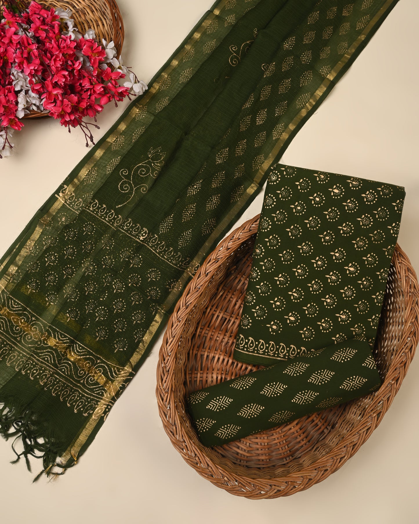 dark green hand block cotton suit with kota doriya dupatta unstitched