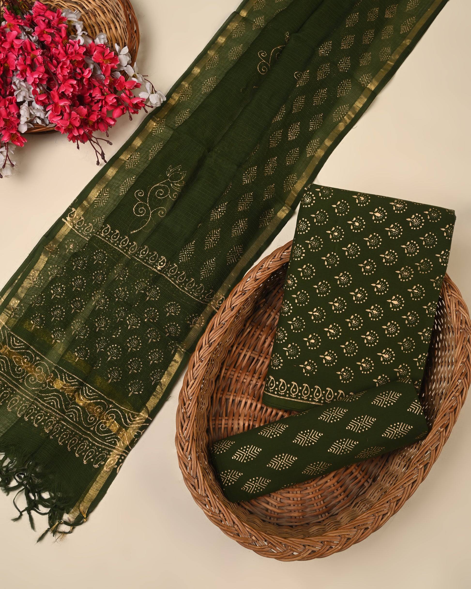 dark green hand block cotton suit with kota doriya dupatta unstitched