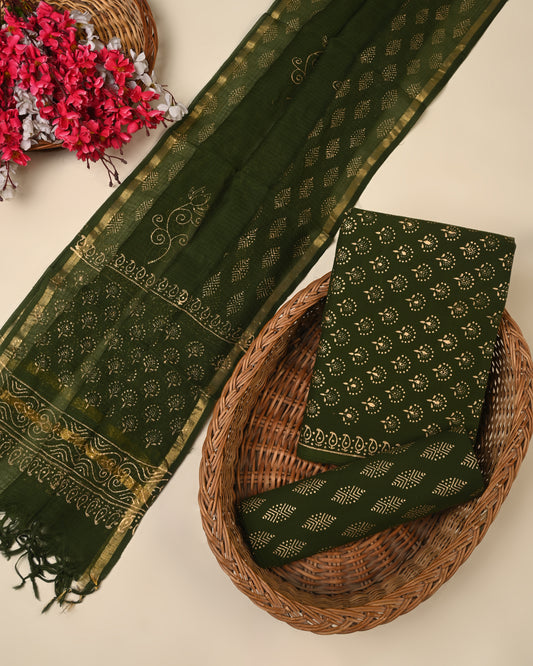 dark green hand block cotton suit with kota doriya dupatta unstitched
