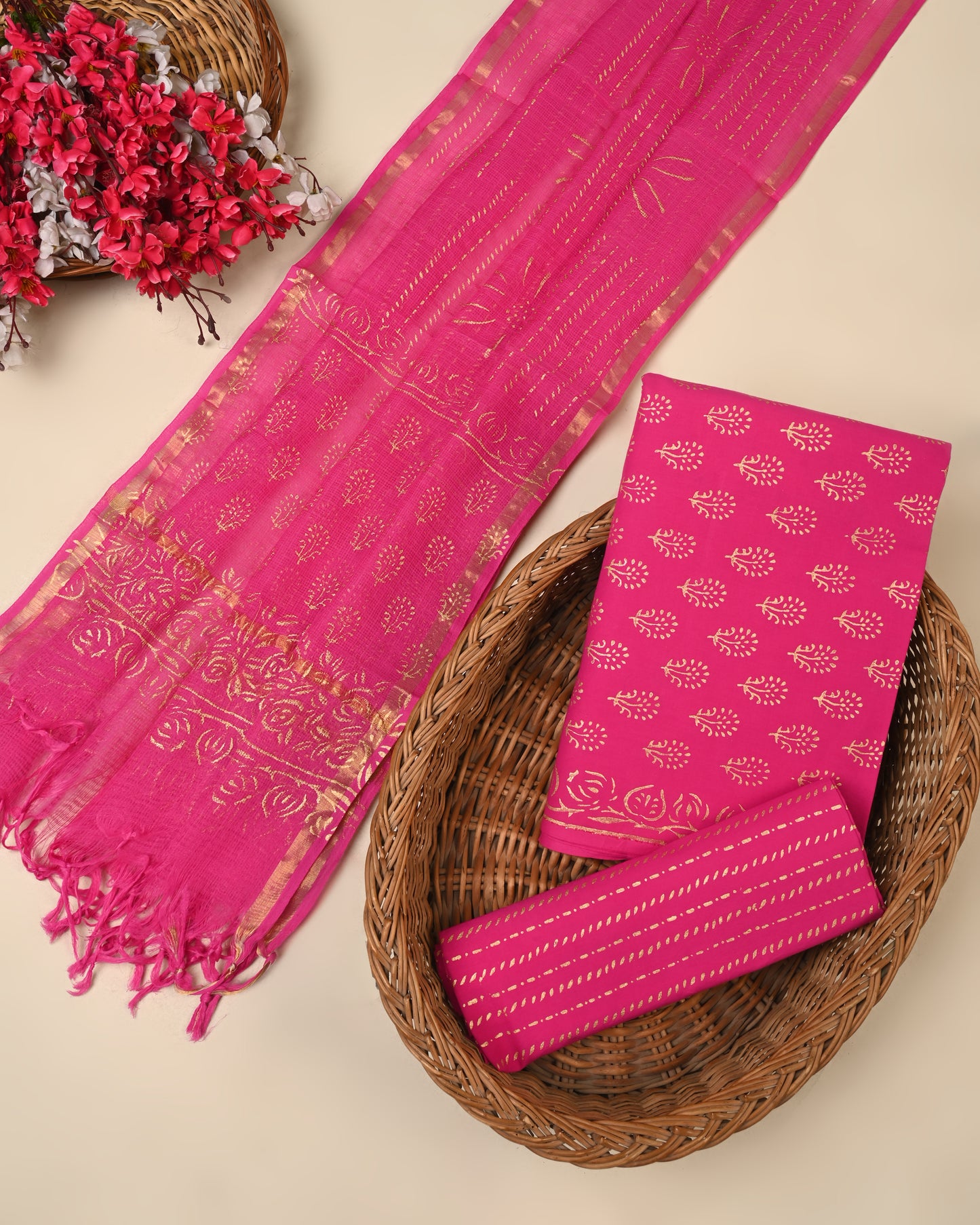 pink hand block cotton suit with kota doriya dupatta unstitched
