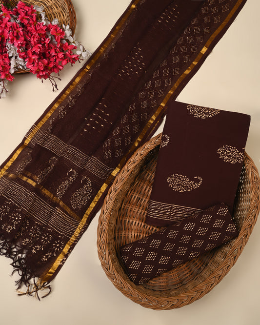 brown hand block cotton suit with kota doriya dupatta unstitched