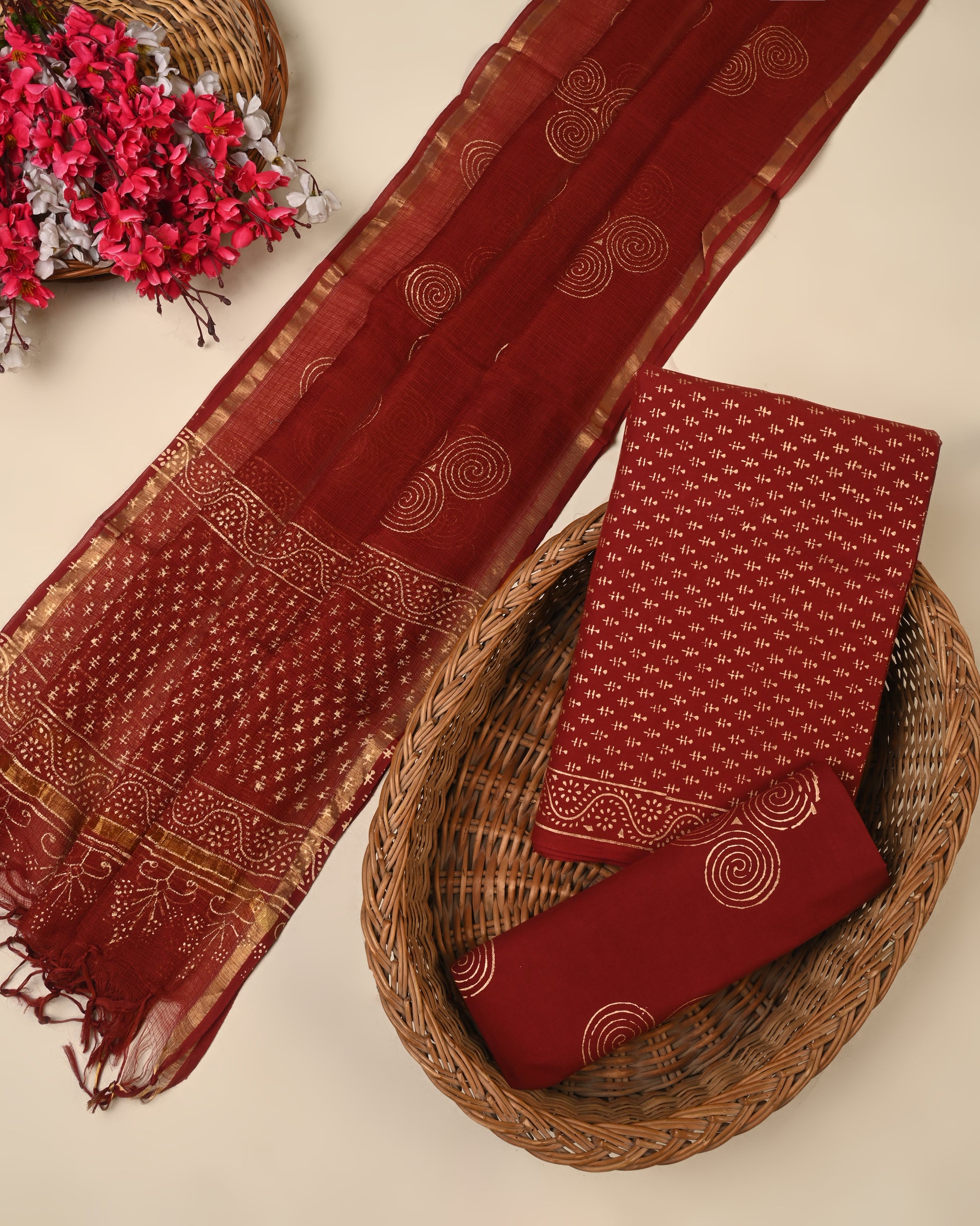 red hand block cotton suit with kota doriya dupatta unstitched