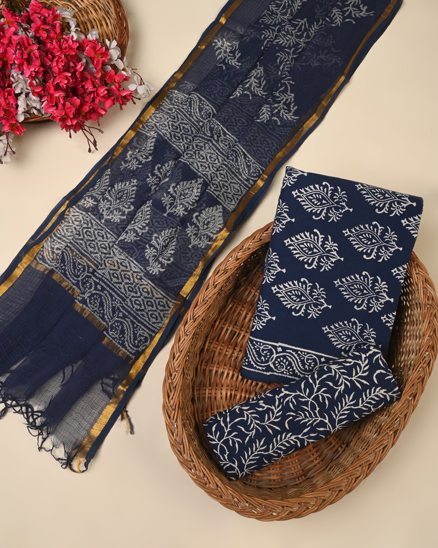 navy blue hand block cotton suit with kota doriya dupatta unstitched