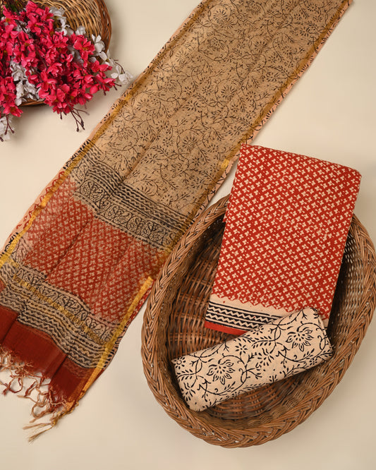 beige hand block cotton suit with kota doriya dupatta unstitched