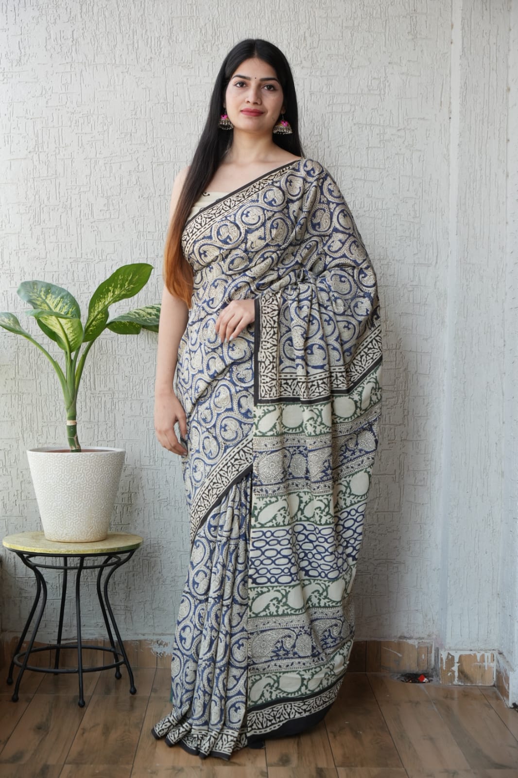 Blue Printed Cotton Saree – Soft Cotton Saree for Women (MVCS09)