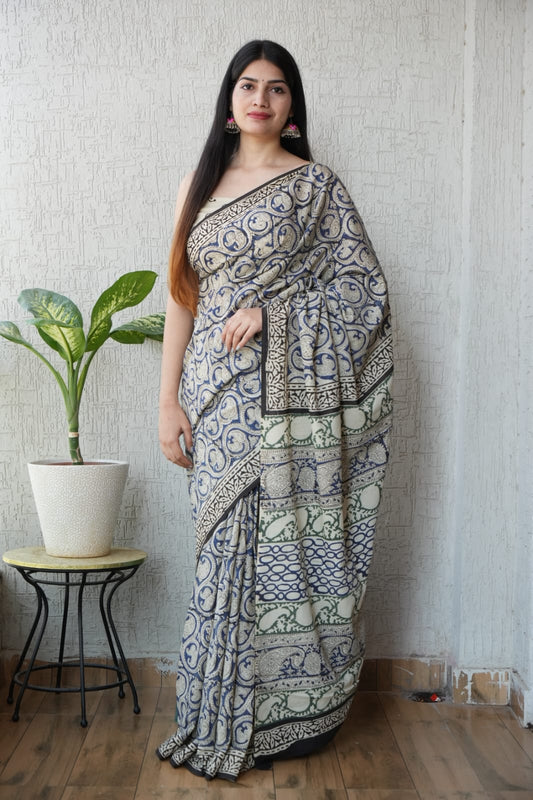Blue Printed Cotton Saree – Soft Cotton Saree for Women (MVCS09)