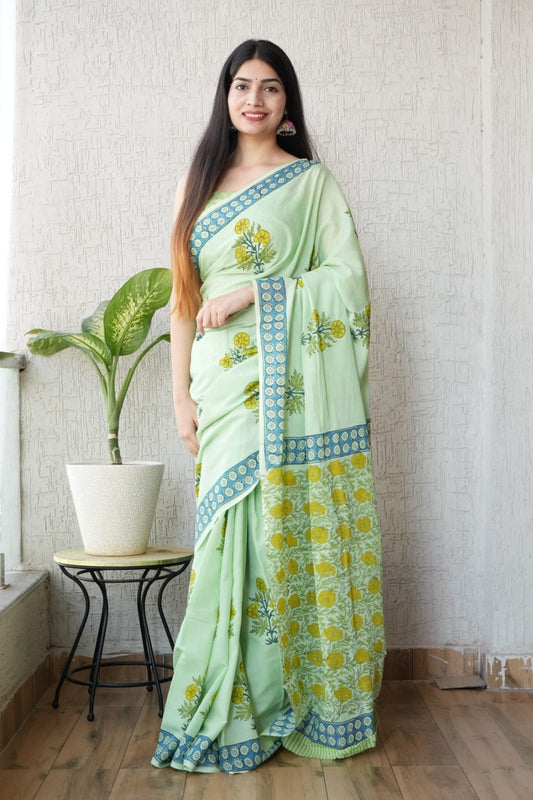 Light Green Floral Printed Cotton Saree – Soft Cotton Saree for Women(MVCS12)