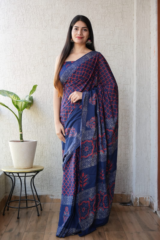 Navy Blue Printed Cotton Saree – Soft Cotton Saree for Women (MVCS13)