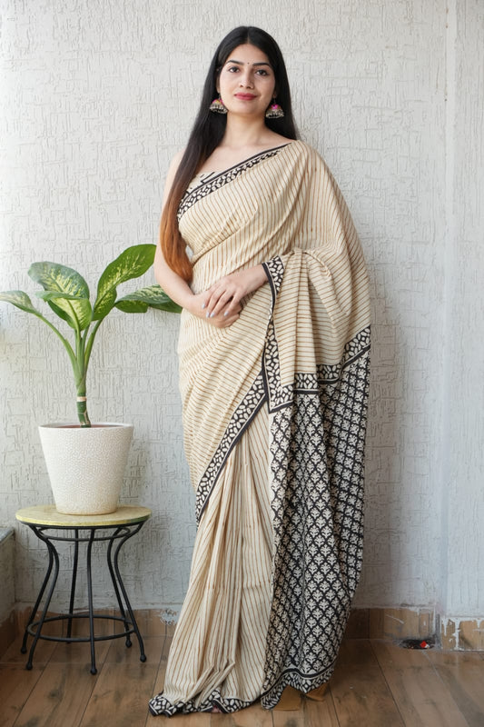 Beige Striped Cotton Saree – Soft Cotton Saree for Women (MVCS15)