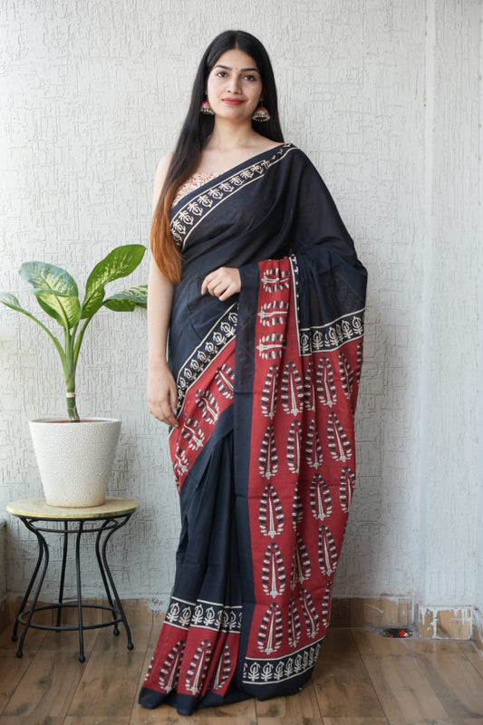 Black Red Printed Cotton Saree – Soft Cotton Saree for Women (MVCS16)
