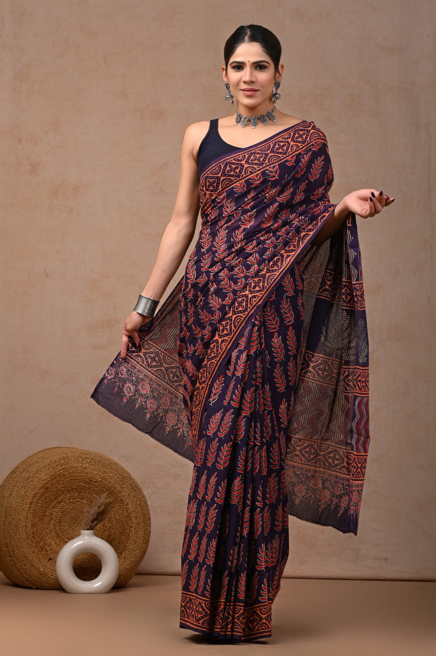 Navy Blue Batik Print Cotton Saree (MVCS01)