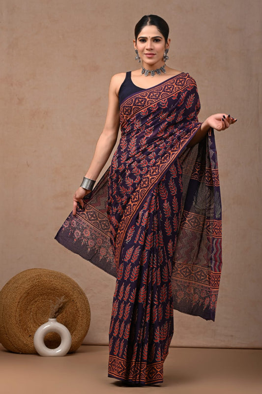 Navy Blue Batik Print Cotton Saree (MVCS01)