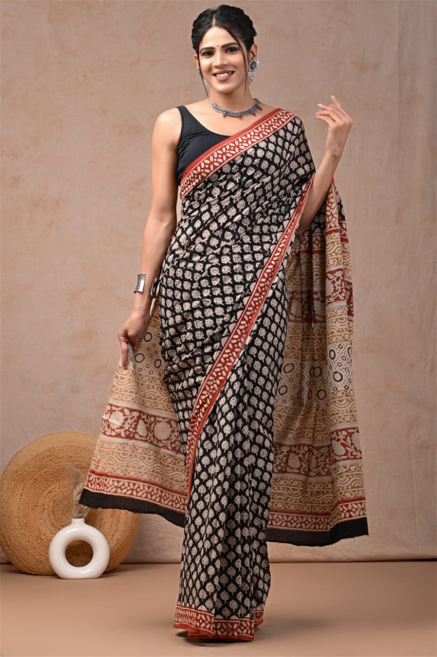 Black Traditional Printed Cotton Saree – Soft Cotton Saree for Women (MVCS19)