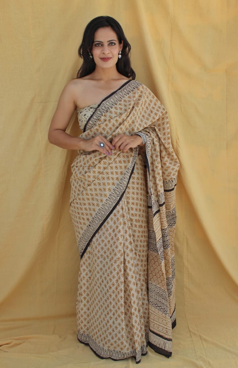 Beige Printed Cotton Saree – Soft Cotton Saree for Women (MVCS22)