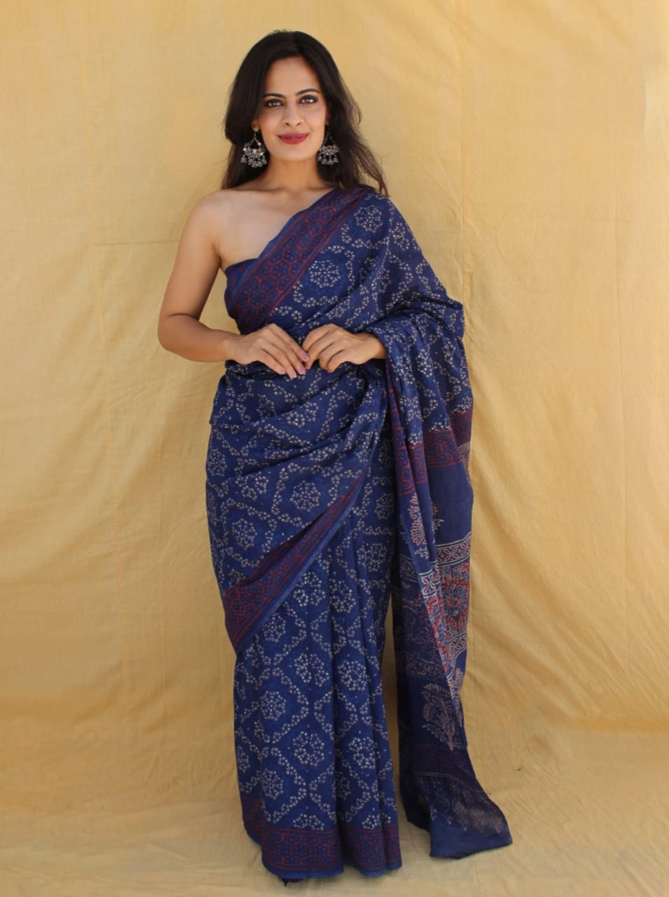 Navy Blue Printed Cotton Saree – Soft Cotton Saree for Women (MVCS23)