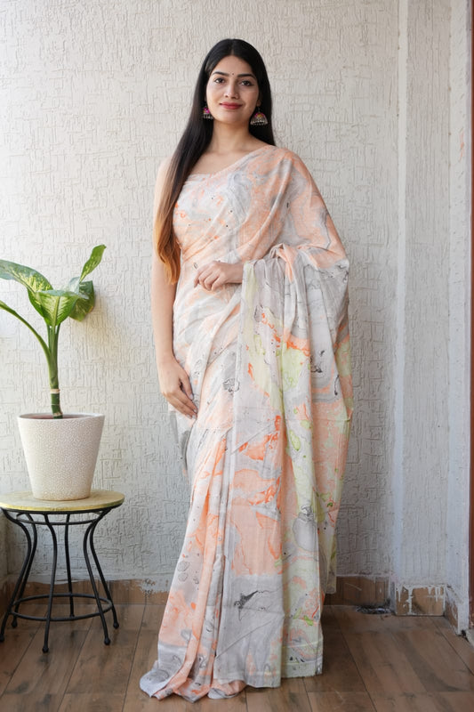 Pastel Marble Printed Cotton Saree – Soft Cotton Saree for Women (MVCS25)