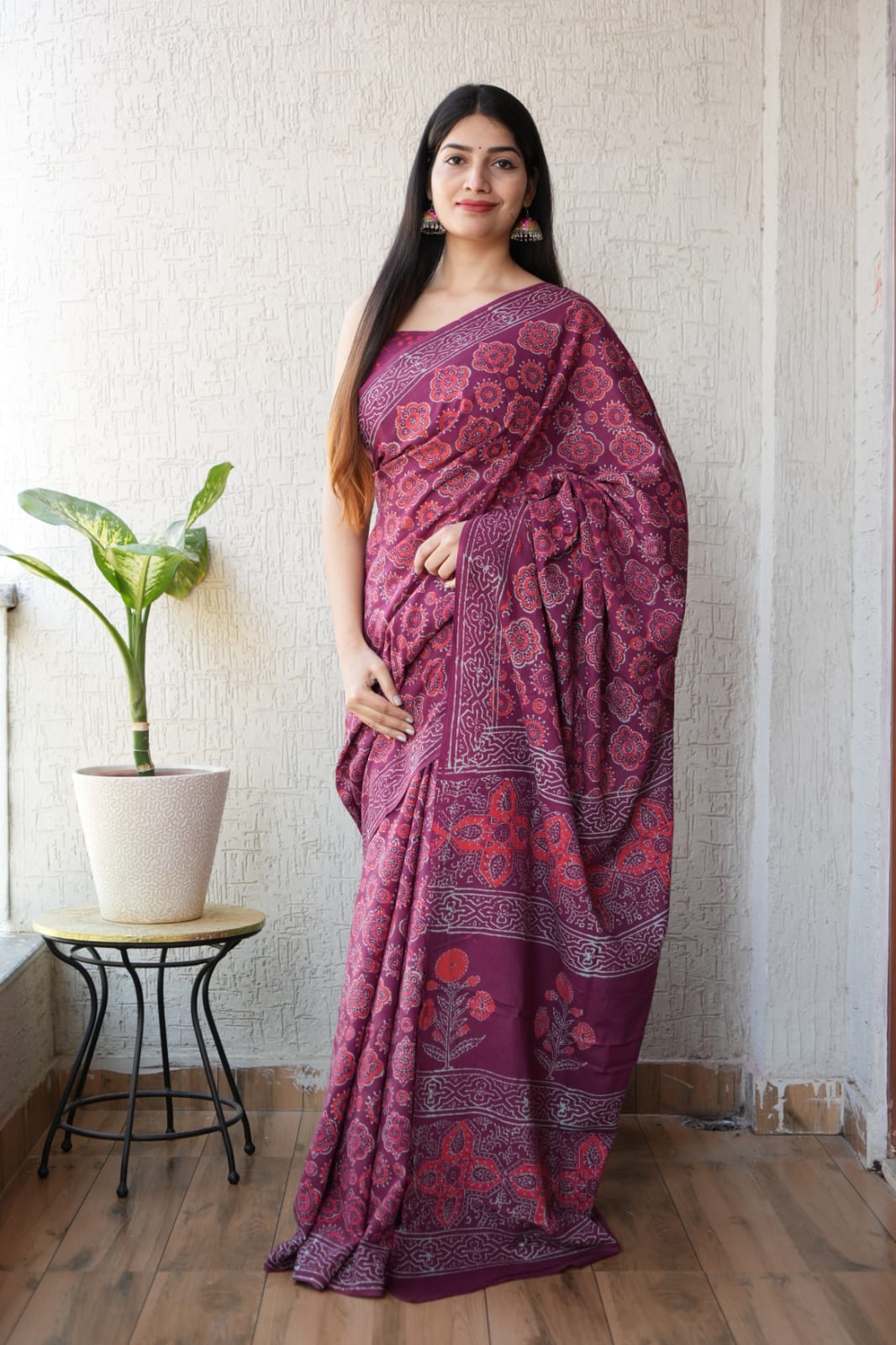Wine Printed Cotton Saree – Soft Cotton Saree for Women (MVCS26)