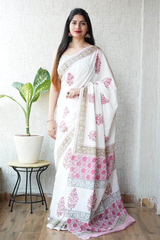 White Pink Floral Printed Cotton Saree – Soft Cotton Saree for Women (MVCS29)